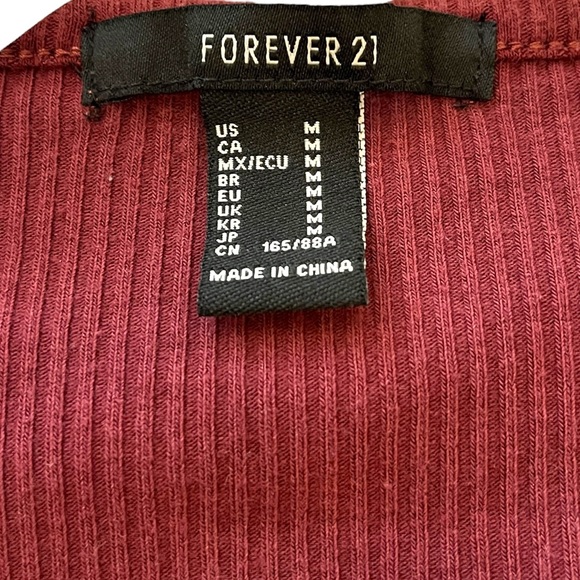 Forever 21 Long Sleeve Crop Top Burgundy Maroon Ribbed Crewneck Lace Up Medium - Picture 3 of 6